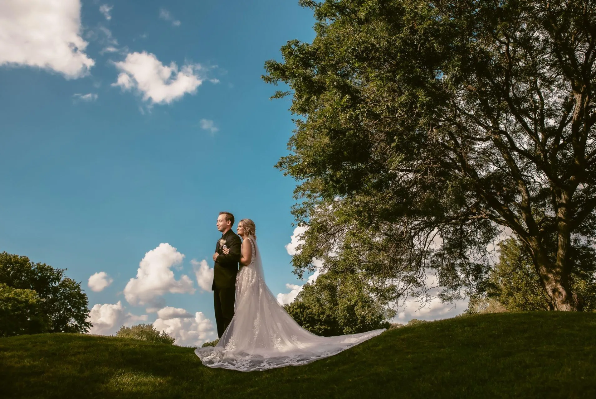 newlywed couple standing on a hill with a tree and blue sky behind them