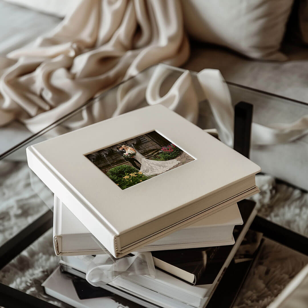 heirloom printed photography artwork of a custom designed storybook wedding album in white leather