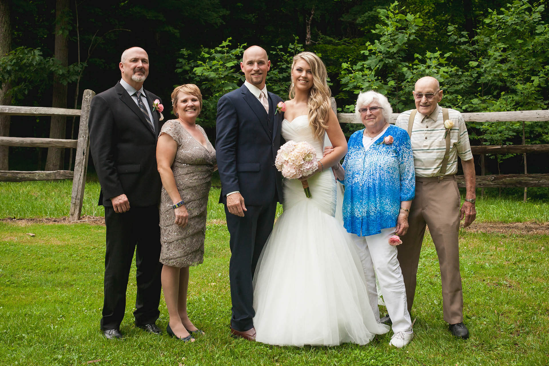 Family formal photo of my wife and I and my parents and my grandmother and my grandfather | Kropp Photography - Heirloom Wedding Photos